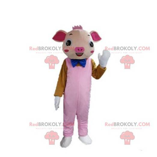 Rosa Schweinemaskottchen mit Overall, Schweinekostüm -