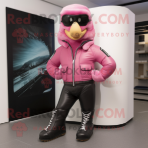 Pink Pair Of Ice Skates mascot costume character dressed with a Leather Jacket and Anklets