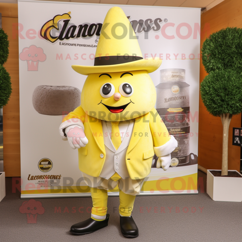 Lemon Yellow Guinness mascot costume character dressed with a Vest and Hats Lemon Yellow Guinness mascot costume character dressed with a Vest and Hats