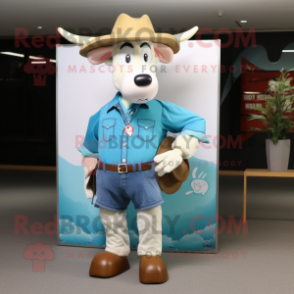 Cyan Beef Stroganoff mascot costume character dressed with a Denim Shorts and Clutch bags