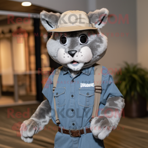 Gray Bobcat mascot costume character dressed with a Denim Shirt and Hat pins