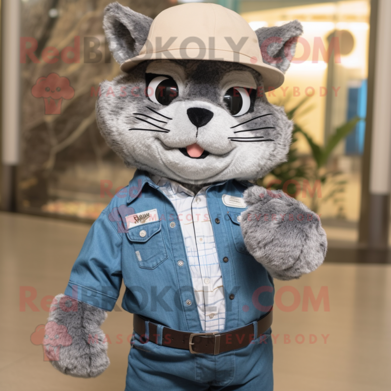 Gray Bobcat mascot costume character dressed with a Denim Shirt and Hat pins