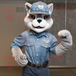 Gray Bobcat mascot costume character dressed with a Denim Shirt and Hat pins