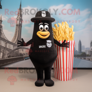 Black French Fries mascot costume character dressed with a One-Piece Swimsuit and Berets