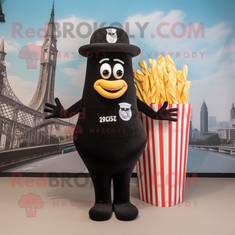Black French Fries mascot costume character dressed with a One-Piece Swimsuit and Berets