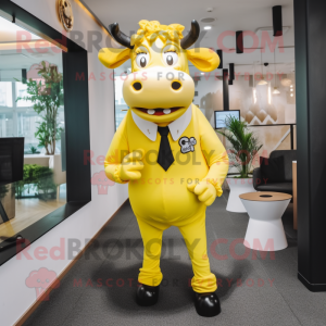 Lemon Yellow Jersey Cow mascot costume character dressed with a Suit Pants and Hair clips