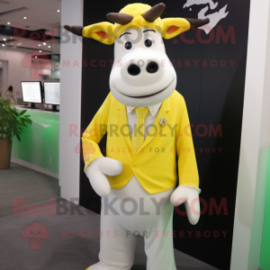 Lemon Yellow Jersey Cow mascot costume character dressed with a Suit Pants and Hair clips