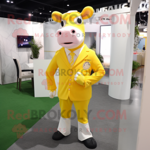 Lemon Yellow Jersey Cow mascot costume character dressed with a Suit Pants and Hair clips