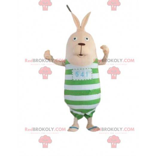 Mascote coelho com roupa listrada, coelho de pelúcia -