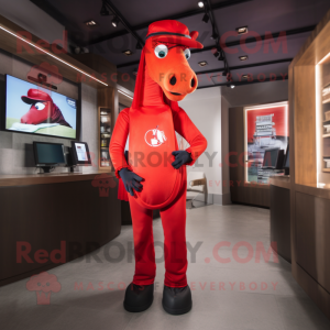 Red Horseshoe mascot costume character dressed with a Skinny Jeans and Headbands