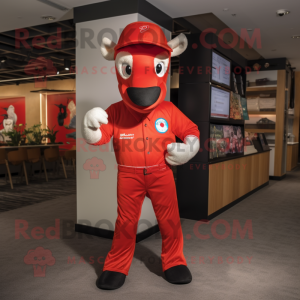 Red Horseshoe mascot costume character dressed with a Skinny Jeans and Headbands