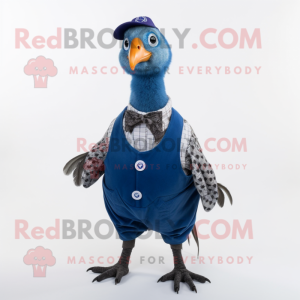 Blue Guinea Fowl mascot costume character dressed with a Dungarees and Tie pins