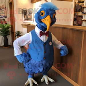 Blue Guinea Fowl mascot costume character dressed with a Dungarees and Tie pins