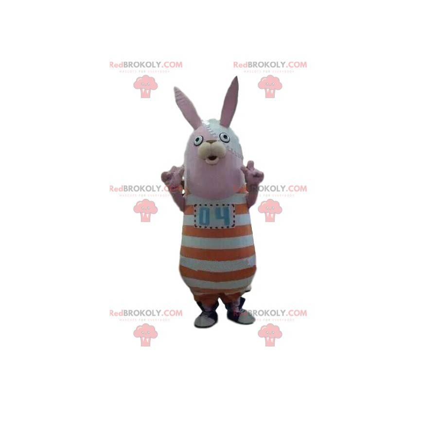 Mascotte de lapin avec une tenue à rayures, lapin en peluche -