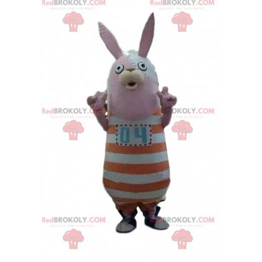 Mascotte de lapin avec une tenue à rayures, lapin en peluche -