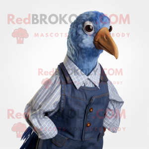 Blue Guinea Fowl mascot costume character dressed with a Dungarees and Tie pins