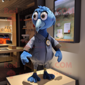 Blue Guinea Fowl mascot costume character dressed with a Dungarees and Tie pins