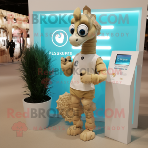 Beige Seahorse mascot costume character dressed with a Playsuit and Smartwatches
