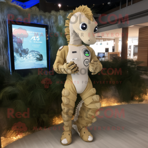 Beige Seahorse mascot costume character dressed with a Playsuit and Smartwatches