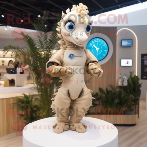 Beige Seahorse mascot costume character dressed with a Playsuit and Smartwatches