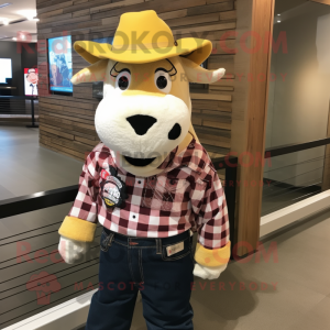 Gold Holstein Cow mascot costume character dressed with a Flannel Shirt and Hat pins