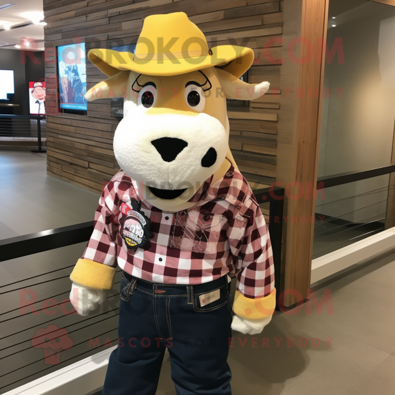 Gold Holstein Cow mascot costume character dressed with a Flannel Shirt and Hat pins Gold Holstein Cow mascot costume character dressed with a Flannel Shirt and Hat pins