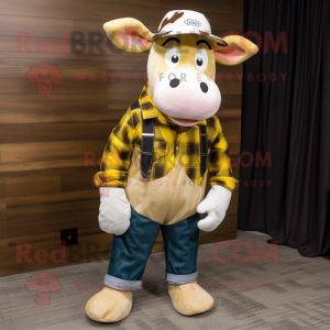 Gold Holstein Cow mascot costume character dressed with a Flannel Shirt and Hat pins
