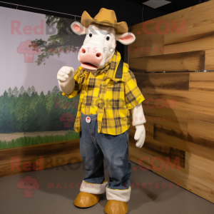 Gold Holstein Cow mascot costume character dressed with a Flannel Shirt and Hat pins