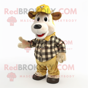 Gold Holstein Cow mascot costume character dressed with a Flannel Shirt and Hat pins