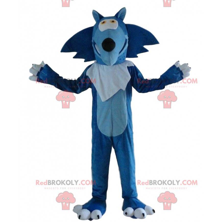 Mascotte blauwe en witte wolf, kostuum gigantische wolf -
