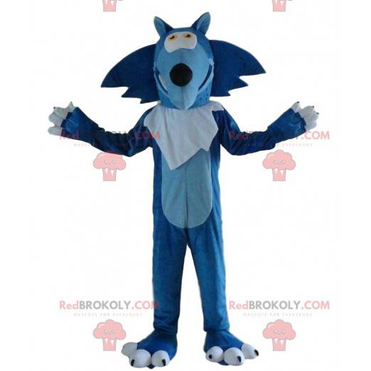 Mascotte lupo blu e bianco, costume da lupo gigante -