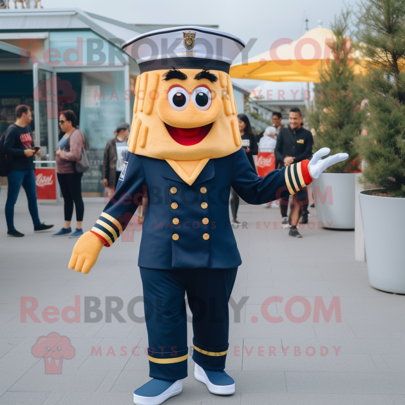 Navy French Fries mascot costume character dressed with a Jeggings and Smartwatches Navy French Fries mascot costume character dressed with a Jeggings and Smartwatches