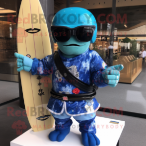 Blue Samurai mascot costume character dressed with a Rash Guard and Sunglasses