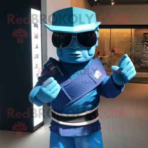 Blue Samurai mascot costume character dressed with a Rash Guard and Sunglasses