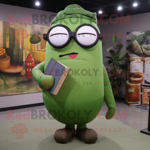Olive Human Cannon Ball mascot costume character dressed with a V-Neck Tee and Reading glasses