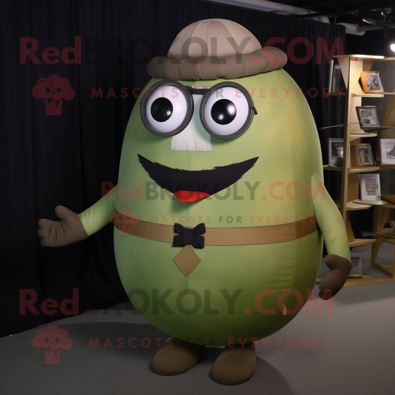 Olive Human Cannon Ball mascot costume character dressed with a V-Neck Tee and Reading glasses Olive Human Cannon Ball mascot costume character dressed with a V-Neck Tee and Reading glasses