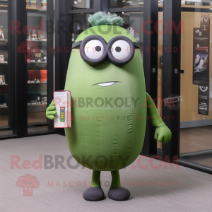Olive Human Cannon Ball mascot costume character dressed with a V-Neck Tee and Reading glasses