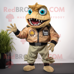 Beige Piranha mascot costume character dressed with a Moto Jacket and Suspenders