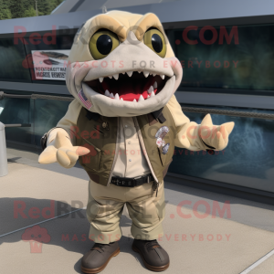 Beige Piranha mascot costume character dressed with a Moto Jacket and Suspenders