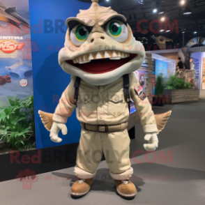 Beige Piranha mascot costume character dressed with a Moto Jacket and Suspenders