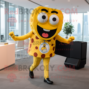 Yellow Pizza mascot costume character dressed with a Button-Up Shirt and Briefcases