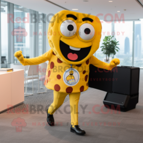 Yellow Pizza mascot costume character dressed with a Button-Up Shirt and Briefcases