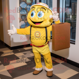 Yellow Pizza mascot costume character dressed with a Button-Up Shirt and Briefcases