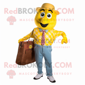 Yellow Pizza mascot costume character dressed with a Button-Up Shirt and Briefcases