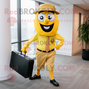 Yellow Pizza mascot costume character dressed with a Button-Up Shirt and Briefcases