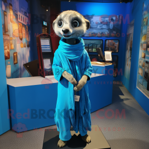 Blue Meerkat mascot costume character dressed with a Wrap Dress and Shoe laces