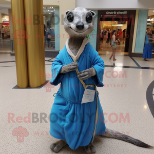 Blue Meerkat mascot costume character dressed with a Wrap Dress and Shoe laces