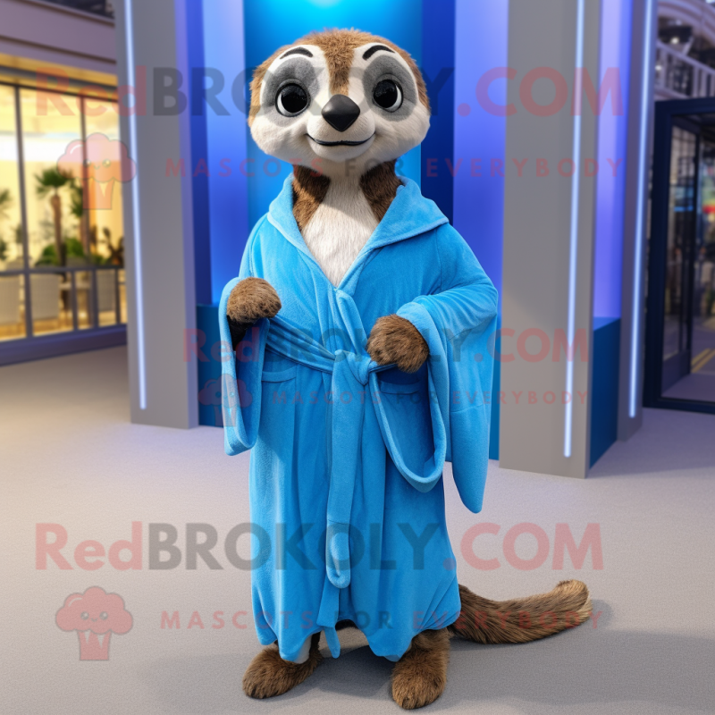 Blue Meerkat mascot costume character dressed with a Wrap Dress and Shoe laces Blue Meerkat mascot costume character dressed with a Wrap Dress and Shoe laces
