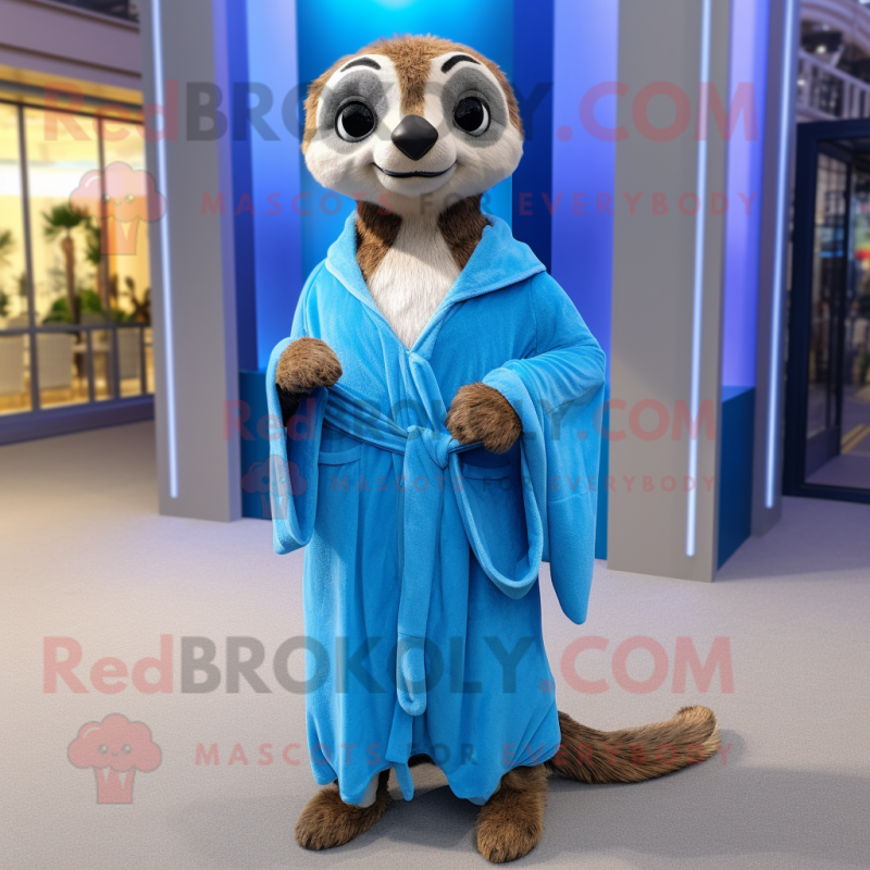 Blue Meerkat mascot costume character dressed with a Wrap Dress and Shoe laces