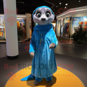 Blue Meerkat mascot costume character dressed with a Wrap Dress and Shoe laces